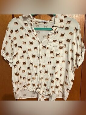 Cat Print Button down cropped Shirt